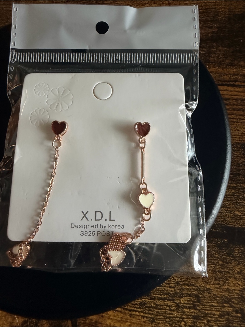 Rose Gold Heart Drop Earrings with Red and Cream Hearts